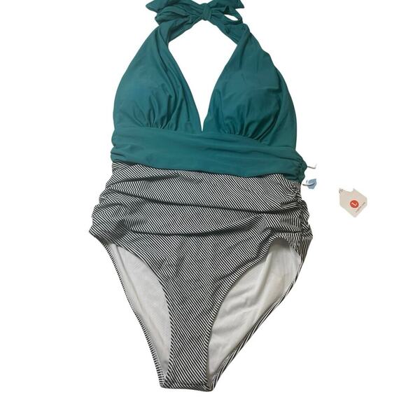 CUPSHE HALTER SWIMMING SUIT ONE PIECE KEEPING YOU ACCOMPANIED STRIPED SZ L BEACH - Picture 12 of 13